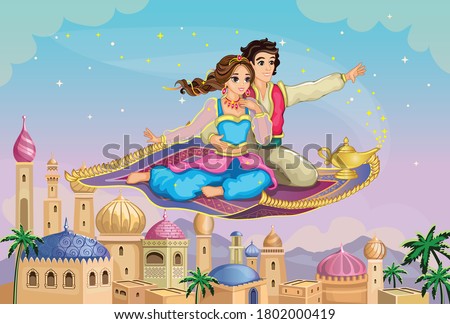 Eastern Princess and Aladdin on magic carpet. Fairytale Arabic landscape with Mosque. Muslim Cityscape. Cartoon Wallpaper. Cute doll or toy. Fabulous background. Wonderland. Children illustration. Vector