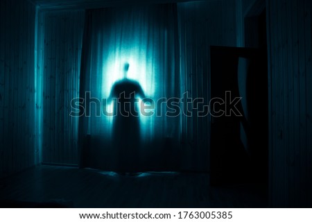 Horror silhouette in window with curtain inside bedroom at night. Horror scene. Halloween concept. Blurred silhouette of ghost 商業照片 © 