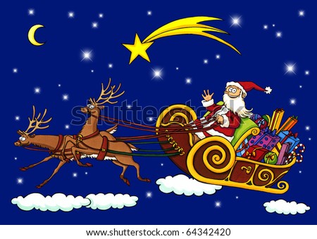 Cartoon Of Santa Claus Riding In A Sleigh Pulled By Reindeer. This ...