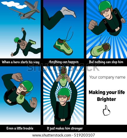 Vector  illustration of a parachutist in cartoon style. Comic book about skydiver who loses his shoe and recovers during skydive. Marketing idea, concept, slogan for company, sport center or equipment