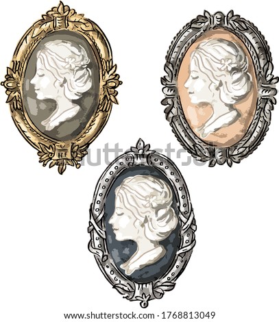 Set illustration with antique baroque vintage decoration brooch cameos with bas-relief of a woman's head