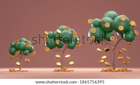 3D Rendering concept of money investment. Trees with coins falling down from small to big on background. 3D Render. 商業照片 © 