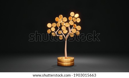 3D rendering concept of investment: a money tree on stack of coins on background. 3d render.