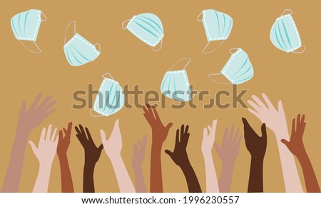 Vector concept of mask-free. Hands of people in many color skins throw medical masks up to the air. End of quarantine. Vector illustration. Multiethnic group of people