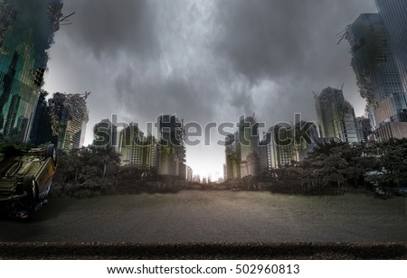 Similar – Image, Stock Photo View from a destroyed window onto old factory buildings. In this lost place, nature reclaims what was taken from it.