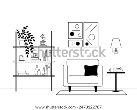 Living room with furniture: armchair, table, painting, shelf with books, plants. Line art interior. Vector illustration.