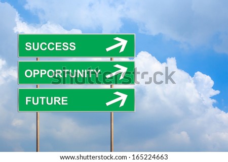 Success, Opportunity and future on green road sign with blue sky