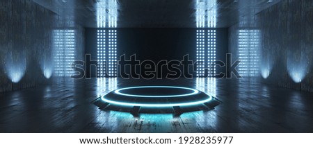 Futuristic Sci Fi Empty Stage neon in a room with spotlights and reflective walls. 3d rendering Stock fotó © 
