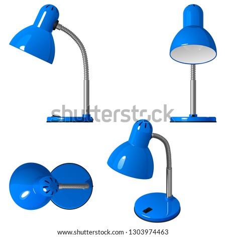 Blue table lamp, side, top, front and isometric view, isolated vector illustration on white background