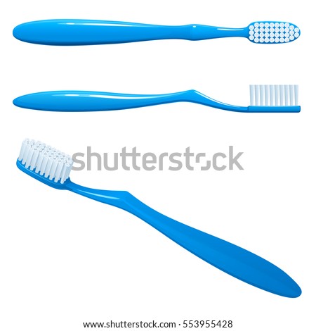 blue plastic toothbrush, the top view, sideways and in the long term, on a white background