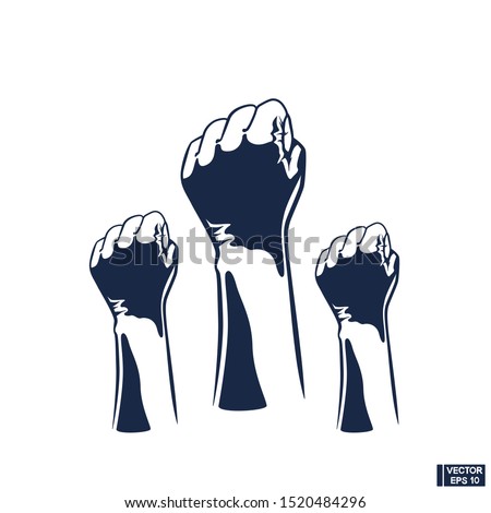 Vector image. Raised three fists. Clenched fist held in protest. Revolution Fist Raised In The Air.