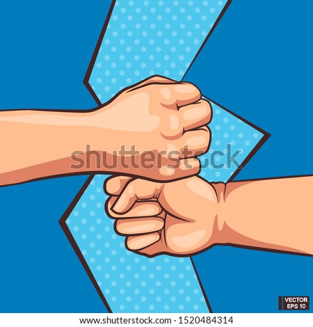 Vector illustration. Team work, cooperation. Hand drawn of two young persons fist bump top and down. Color comic book pop art.