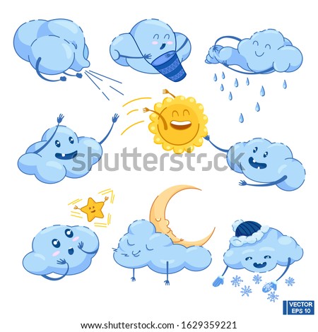Vector illustration. Cute weather set. Funny happy smiley clouds and cute sun, and halfmoon.