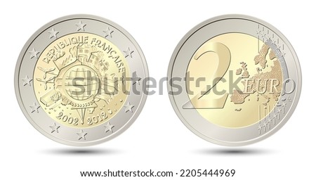 France. 2 Euro coin. 10 Years of the Euro, 2012. Reverse and obverse of France two euro coin. Vector illustration isolated on white background.