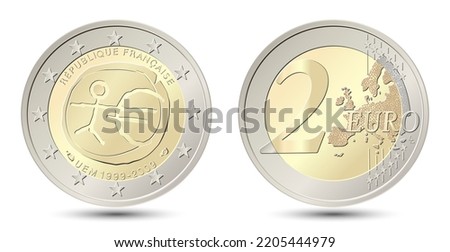 France. 2 Euro coin. Ten years of Economic and Monetary Union. Reverse and obverse of France two euro coin. Vector illustration isolated on white background.