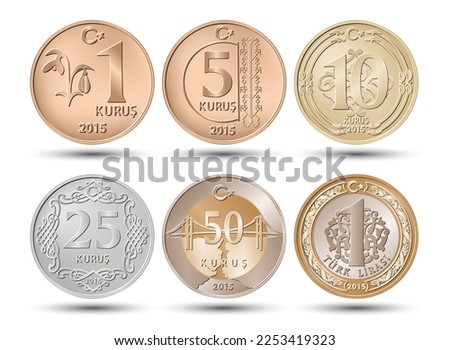 Set of coins of Turkey currency. Lira. Vector illustration.