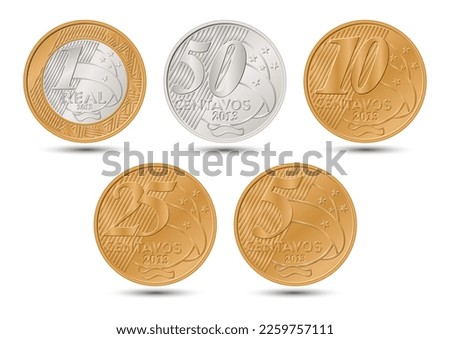 Brazilian coins set. Real and cents coins. Reverse on white background.