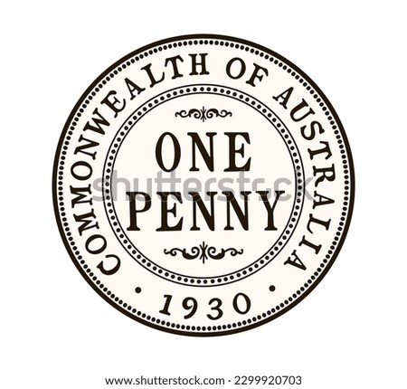 Australia One Penny Coin. Vector illustration. Black and white.