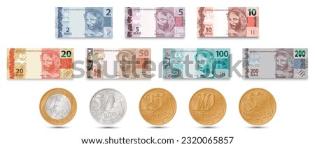 Set of Brazilian banknotes and Brazilian coins. Brazilian money. Brazilian real. Vector illustration.