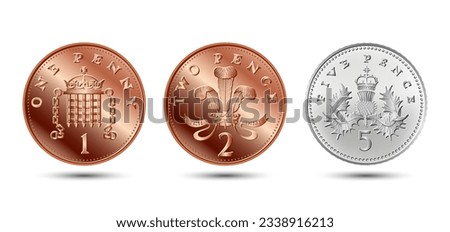 Vector Set British coin one, two, five pence.