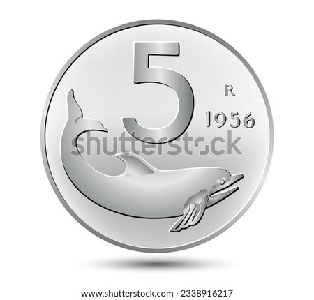 5 Italian lira with the image of a dolphin isolated on white background. Vector illustration.