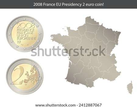 France. 2 Euro coin. French Presidency of the Council of the European Union. Reverse and obverse of France two euro coin. 2 Euro coin, isolated on the background of a map of France.