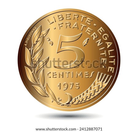 5 Centimes coin made by France in 1975. France five centime reverse coin on a white isolated background. Vector illustration.