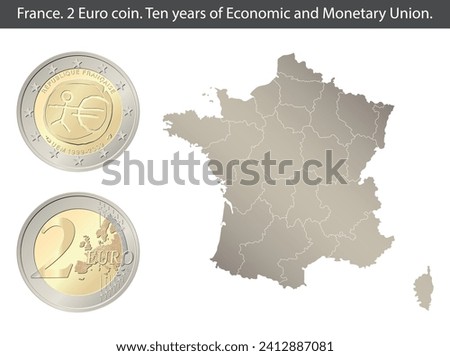 France. 2 Euro coin. Ten years of Economic and Monetary Union. Reverse and obverse of France two euro coin. Vector illustration isolated on the background of a map of France.