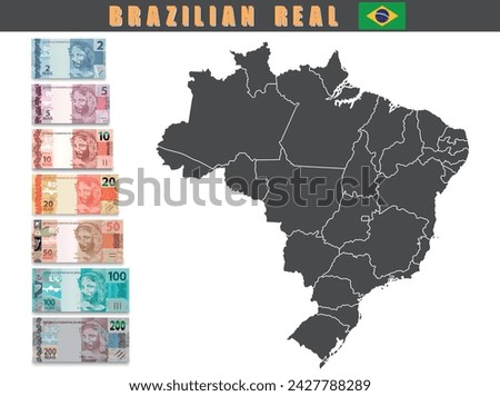 Set of Brazilian money with Brazilian map. Vector illustration.