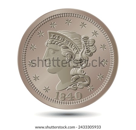 Vector American money, one cent coin, 1840-1857.  Vector illustration.