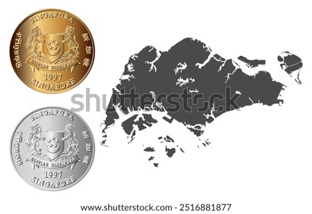 Vector Singapore money, obverse of golden and silver Singapore cent coin. Singapore money isolated on the background of a map of the Singapore. Vector illustration.