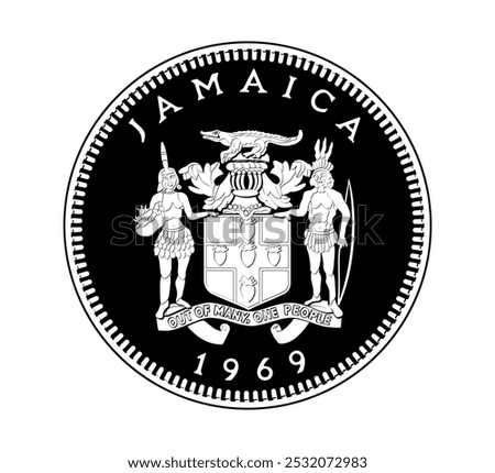 1 cent 1969, Jamaica. The obverse of the 1969 Jamaican coin features the Jamaican coat of arms. The coin is depicted in black and white. Vector illustration.