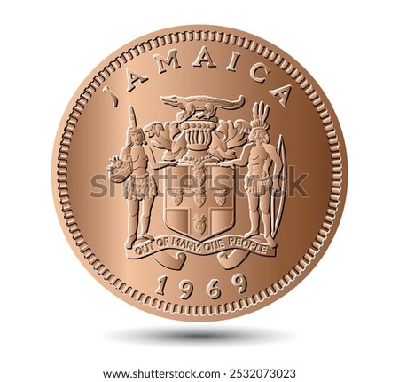 1 cent 1969, Jamaica. The obverse of the 1969 Jamaican coin features the Jamaican coat of arms. The coat of arms includes a crocodile atop a log at the top. 