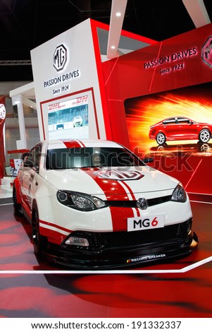 BANGKOK - MARCH 24: MG MG6 car on display at The 35th Bangkok International Motor Show on March 24, 2014 in Bangkok, Thailand.