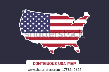 Map of USA with flag. Red, white and blue. Contiguous United States of America geographic borders.