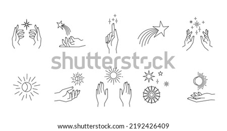 Aesthetic astral hands. Collection of cosmic and celestial elements with sun, moon and stars. Isolated editable linear vectors. 
