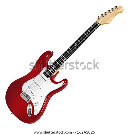 Red electric guitar, classic.
Realistic 3D image. Vector detailed illustration isolated on a white background.