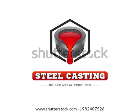 Metal casting logo on a white background. Cast iron ladle and flowing red molten metal 