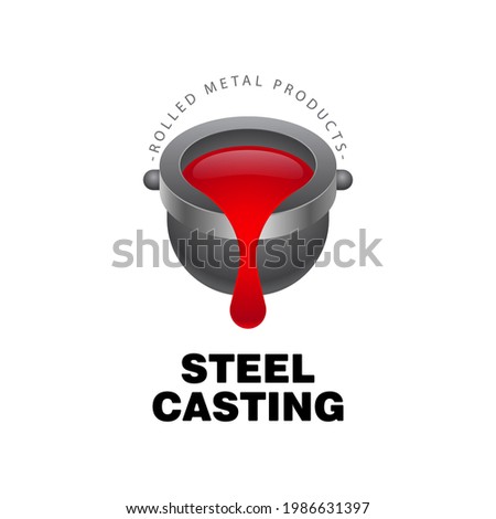 Metal casting logo on a white background. Cast iron ladle and outflowing molten metal. Metal mining concept  商業照片 © 