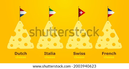Cheese slices with flags, best cheese makers. National Cheese Day on a yellow background 