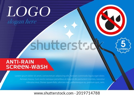 Windshield wiper label template from raindrops. Concept for cleaning products, screen wash, polishing, nano-coatings 