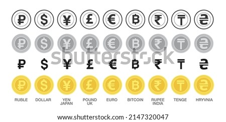 Big set of icons of currency symbols of different countries. Currency exchange concept. Objects on white background 