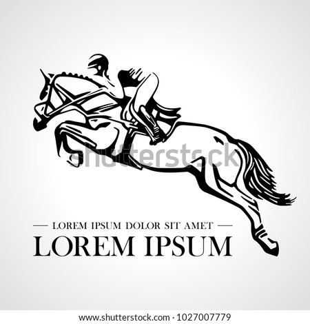 Silhouette of racing horse with jockey. Logo. Design icons. Equestrian sport. Jockey riding jumping horse. Poster. Sport. Vector Illustration.