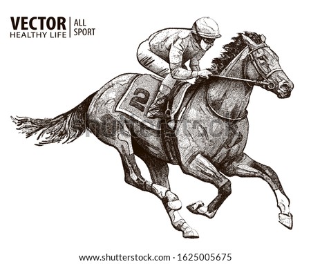 Jockey on racing horse. Derby. Vector illustration isolated on white background. Equestrian sport. Particle divergent composition