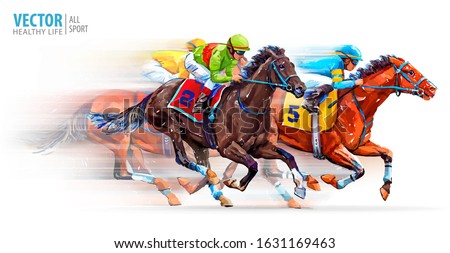 Three racing horses competing with each other, with motion blur to accent speed. Derby. Hippodrome. Racetrack. Sport. Vector illustration