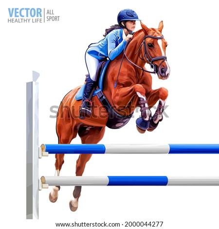 Jockey on horse. Champion. Horse riding. Equestrian sport. Jockey riding jumping horse. Poster. Sport background. Isolated Vector Illustration