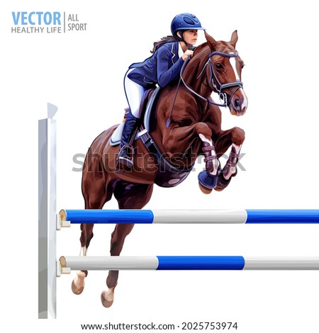 Jockey on horse. Black Horse. Champion. Horse riding. Equestrian sport. Jockey riding jumping horse. Poster. Sport background. Isolated Vector Illustration