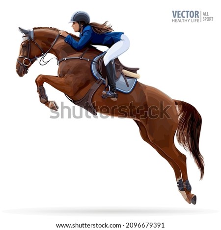 Jockey on horse. Champion. Horse riding. Equestrian sport. Jockey riding jumping horse. Poster. Sport background. Isolated Vector Illustration Сток-фото © 