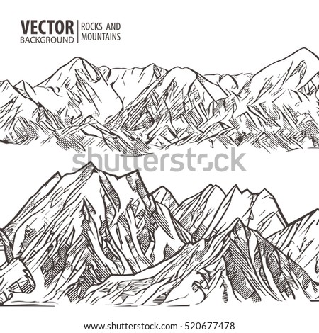 Outdoor Art Hand Drawn Nature. Mountains Landscape Black And White ...