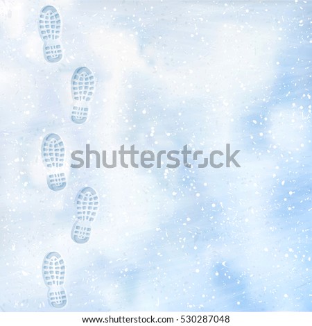 Clear deep footprints on white winter snow of a pair of boots. Track in snow. Overhead view. Texture of snow surface. Vector illustration background. 
